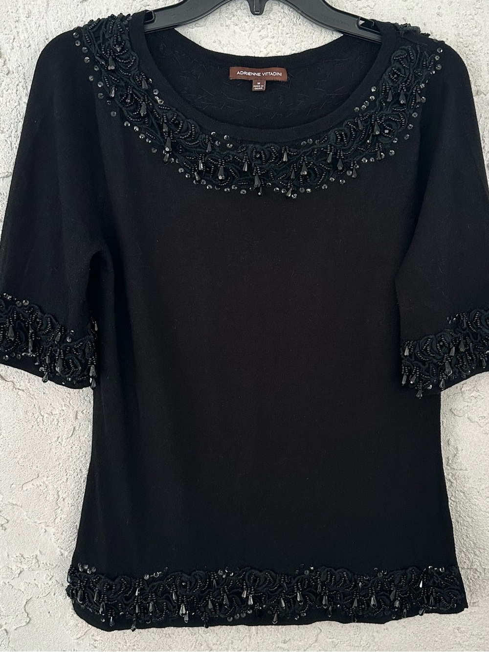 Adrienne Vittadini Black Beaded Scoop Neck Short-Sleeve Top